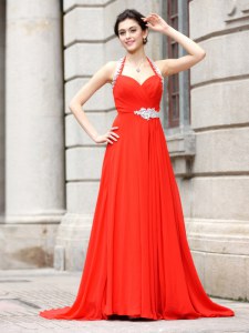 Sophisticated Coral Red Column/Sheath Spaghetti Straps Sleeveless Chiffon Brush Train Zipper Beading Prom Dress