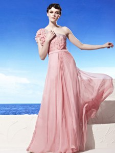 Modern One Shoulder Pink Sleeveless Floor Length Beading Side Zipper Homecoming Dress