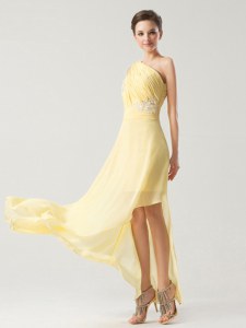 Light Yellow Column/Sheath Chiffon One Shoulder Sleeveless Beading and Ruching Ankle Length Side Zipper Prom Dresses