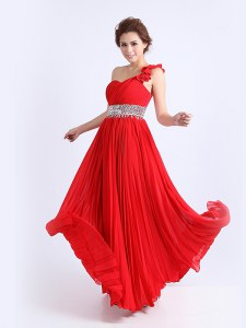 Pleated Column/Sheath Prom Dress Red One Shoulder Chiffon Sleeveless Floor Length Zipper