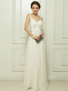 Floor Length White Prom Gown Spaghetti Straps Sleeveless Zipper