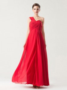Beauteous One Shoulder Sleeveless Floor Length Ruching Zipper Dress for Prom with Red