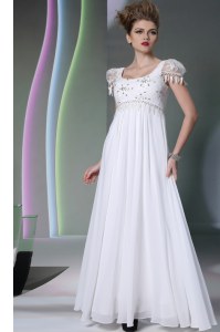 Artistic Scoop Floor Length Zipper Homecoming Dress White for Prom and Party with Beading and Lace