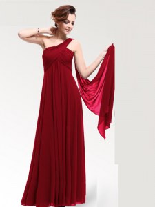 High End Wine Red Empire One Shoulder Sleeveless Chiffon Floor Length Zipper Ruching Dress for Prom