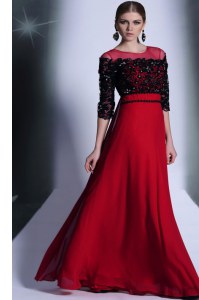 Scoop Beading and Appliques Prom Dress Red And Black Clasp Handle 3 4 Length Sleeve Floor Length