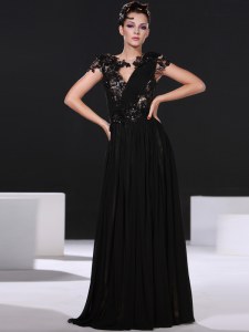 Black Prom and Party and For with Lace Scoop Cap Sleeves Backless