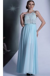 Discount Scoop Floor Length Side Zipper Prom Gown Light Blue for Prom and Party with Lace
