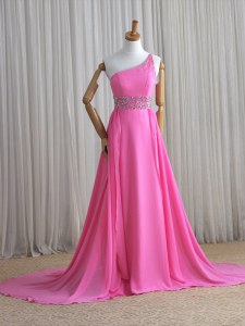 Chic One Shoulder Beading Prom Gown Rose Pink Lace Up Sleeveless Brush Train