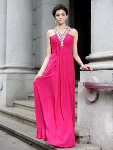 Hot Pink Column/Sheath Beading and Ruching Prom Evening Gown Criss Cross Chiffon Sleeveless Floor Length