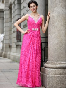Hot Pink Column/Sheath Beading and Lace Prom Gown Zipper Lace Sleeveless Floor Length
