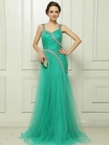 Best Selling Sleeveless Brush Train Side Zipper With Train Beading and Ruching Prom Gown