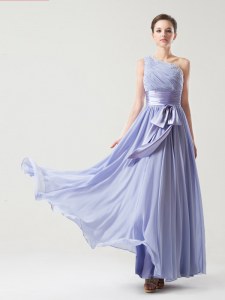 One Shoulder Floor Length Side Zipper Prom Party Dress Lavender for Prom and Party with Ruching and Bowknot