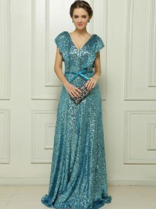 V-neck Sleeveless Prom Dresses Floor Length Sequins and Bowknot Teal Sequined