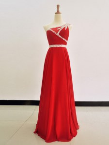 Captivating One Shoulder Red Sleeveless Floor Length Beading Zipper Prom Gown