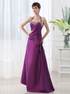 Stylish Halter Top Purple Sleeveless Beading and Ruching Floor Length Homecoming Dress
