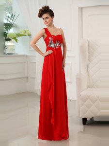 Floor Length Red Celebrity Dress One Shoulder Sleeveless Zipper
