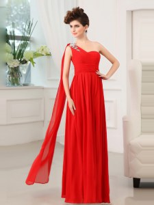 Red Column/Sheath One Shoulder Sleeveless Chiffon Floor Length Zipper Beading and Sashes ribbons and Ruching Homecoming Dress