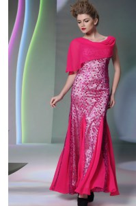 Deluxe Mermaid Scoop Beading Prom Party Dress Hot Pink Zipper Sleeveless Floor Length