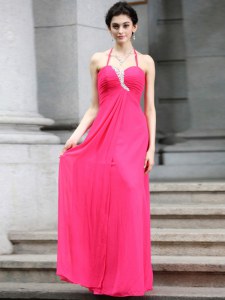 Classical Halter Top Hot Pink Sleeveless Floor Length Beading Zipper Homecoming Dress