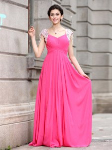 Sumptuous Hot Pink V-neck Zipper Beading Dress for Prom Cap Sleeves