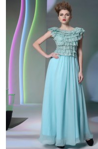 Latest Scoop Lace Prom Gown Aqua Blue Side Zipper Cap Sleeves Floor Length