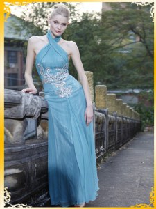 Dazzling Light Blue Prom Gown Prom and Party and For with Appliques Halter Top Sleeveless Zipper