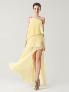 Decent One Shoulder Yellow Sleeveless Chiffon Zipper for Prom and Party