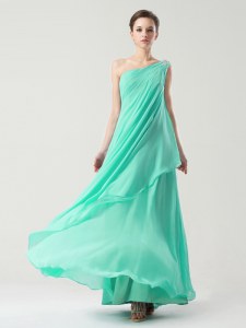One Shoulder Turquoise Sleeveless Beading and Ruching Ankle Length Dress for Prom