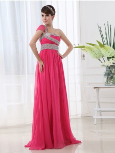 Sexy One Shoulder Chiffon Cap Sleeves With Train Dress for Prom Brush Train and Beading and Ruching