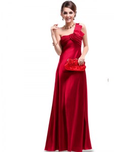 One Shoulder Satin Sleeveless Floor Length Prom Dress and Ruching