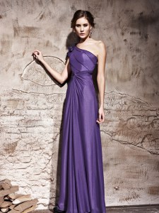 Sweet One Shoulder Purple Column/Sheath Ruching Prom Dress Side Zipper Chiffon Cap Sleeves Floor Length