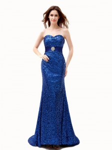 Mermaid Royal Blue Chiffon Lace Up Sweetheart Sleeveless With Train Prom Party Dress Brush Train Beading and Belt