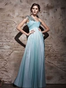 One Shoulder Light Blue Sleeveless Chiffon Side Zipper Dress for Prom for Prom and Party