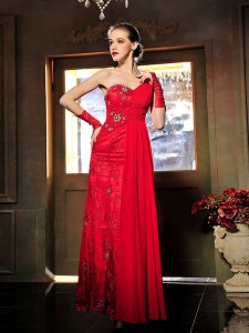 Sexy Red Sleeveless Beading and Ruching Floor Length Evening Dress