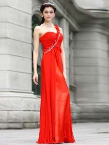 Coral Red One Shoulder Zipper Beading and Hand Made Flower Prom Party Dress Sleeveless