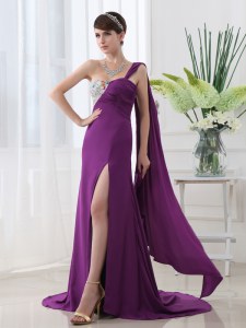 One Shoulder Beading and Sashes ribbons Evening Wear Purple Zipper Sleeveless With Brush Train