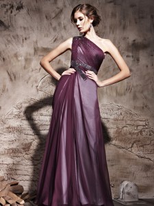Elegant Purple Empire One Shoulder Sleeveless Satin Floor Length Side Zipper Beading and Ruching Prom Gown