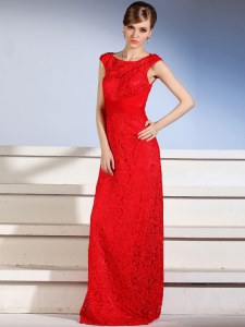 Custom Fit Red Bateau Side Zipper Lace Prom Dresses Sleeveless