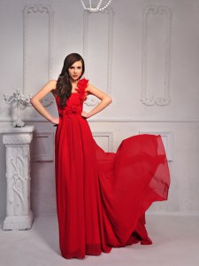 Romantic Red Silk Like Satin Lace Up One Shoulder Sleeveless With Train Homecoming Dress Online Court Train Hand Made Flower