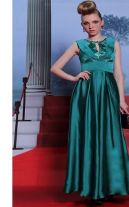 Most Popular Scoop Floor Length Side Zipper Prom Evening Gown Teal for Prom and Party with Belt
