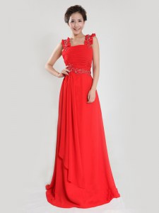Custom Fit Coral Red Sleeveless Chiffon Zipper for Prom and Party
