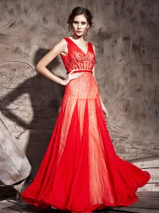 Edgy Column/Sheath Dress for Prom Red Straps Chiffon Sleeveless Floor Length Zipper