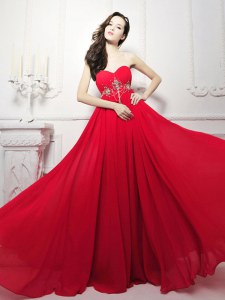 Smart Red Sleeveless Chiffon Sweep Train Zipper Evening Dress for Prom and Party