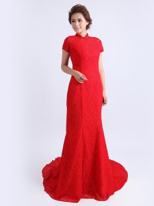 Stylish Red High-neck Neckline Lace Prom Gown Cap Sleeves Backless