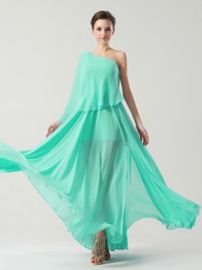 Custom Design Turquoise One Shoulder Side Zipper Ruching Prom Dresses Sleeveless