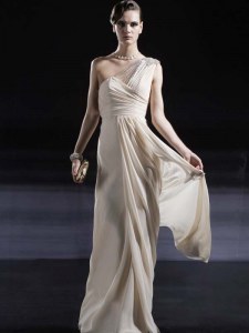 Stylish One Shoulder Champagne Column/Sheath Ruching Prom Gown Criss Cross Chiffon Sleeveless Floor Length