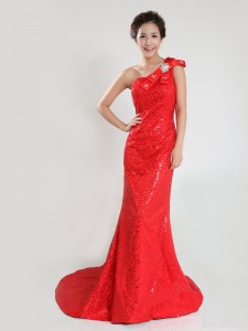 One Shoulder Coral Red Sleeveless Sequins and Bowknot Zipper Prom Party Dress