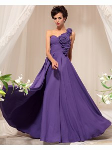 One Shoulder Purple Sleeveless Hand Made Flower Floor Length Prom Dresses