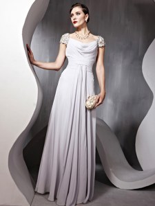 Classical Square Cap Sleeves Chiffon Prom Dress Beading and Ruching Zipper