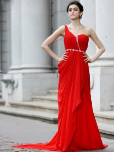 Flare One Shoulder Red Sleeveless With Train Beading and Ruching Zipper Celebrity Inspired Dress